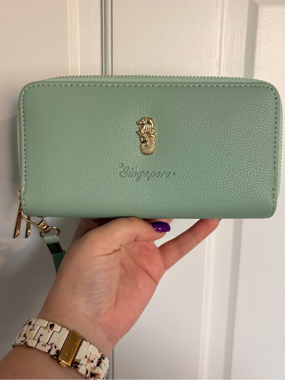 Singapore Merlion Sage Green Double Zipper Wallet Wristlet Souvineer Travel
